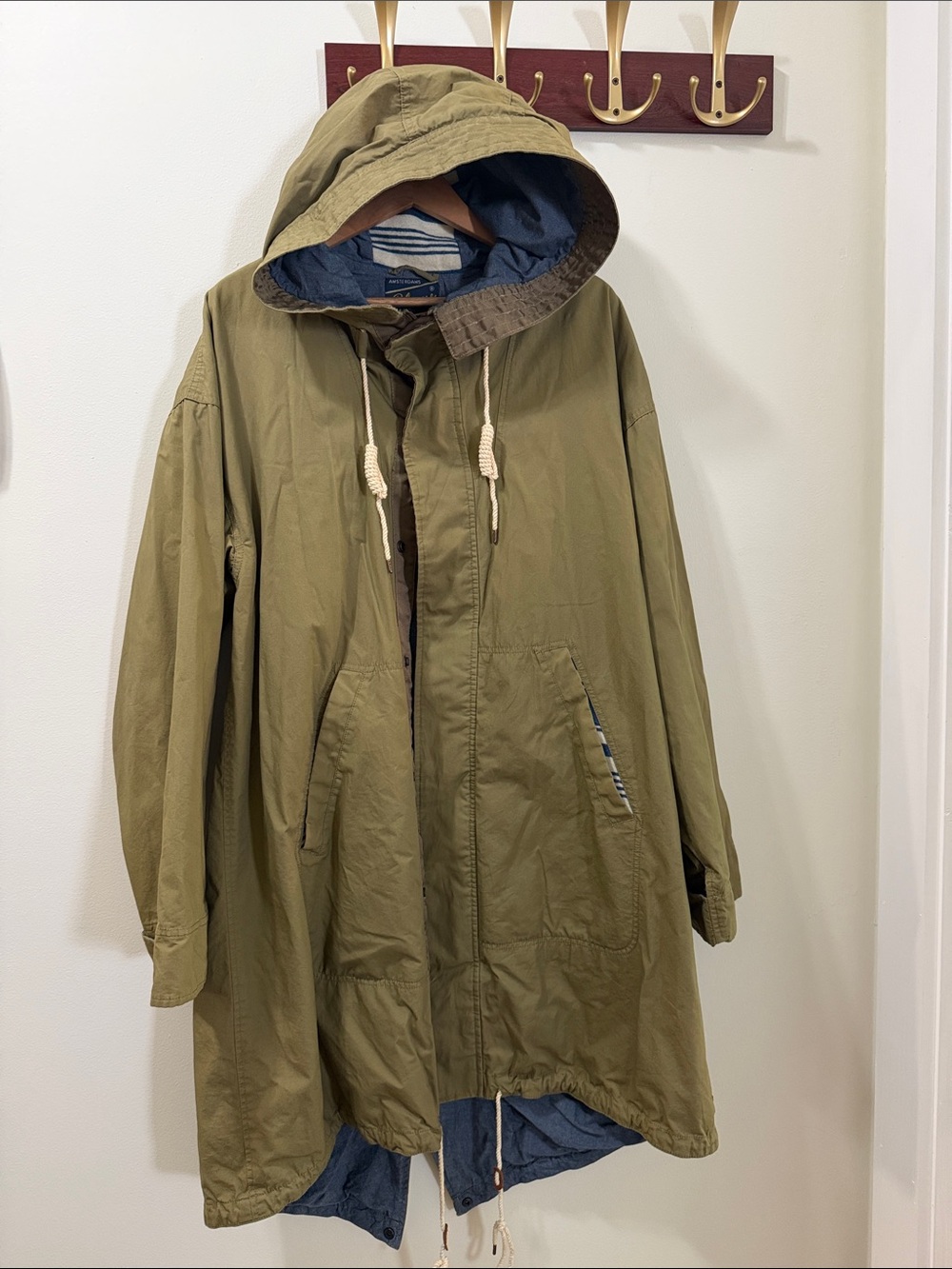 Scotch & Soda Men’s Olive Hooded Cotton Parka with Blue Lining Size L